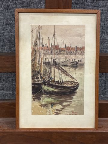 École française XXème « Les voiliers au port de Calais ». Aquarel...