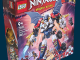 une boîte contenant un ensemble Lego Ninja, sur fond bleu