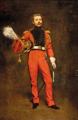 an image of a painting of a man in a red uniform holding a feather