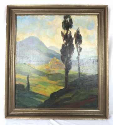 une peinture à l'huile représentant un paysage avec un arbre solitaire au premier plan