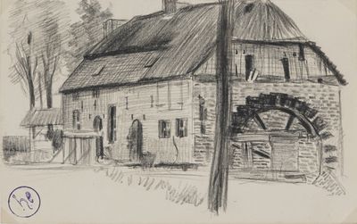 drawing of an old house with a water wheel in front of it