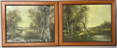 two paintings of trees and a river are hanging on a wall
