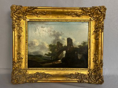 an oil painting of a landscape with a castle in the distance
