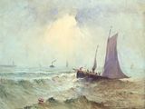 une peinture représentant un bateau dans l'eau avec d'autres bateaux à l'arrière-plan