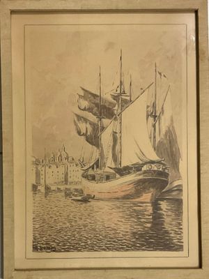 tableau représentant un voilier dans un port, avec un château en arrière-plan