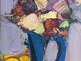 a painting of flowers in a vase on a table