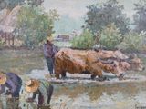 painting of a group of people working in a field with a cow