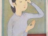 tableau représentant une femme en robe bleue tenant une assiette de nourriture