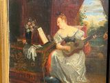 painting of a woman playing a guitar and a man reading a book