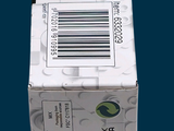a white box with a barcode on it on a blue background