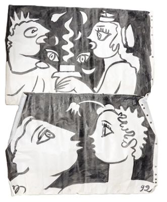 a black and white drawing of a man and a woman