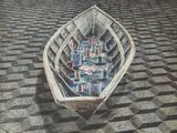 peinture représentant un bateau sur un sol à carreaux noirs et blancs
