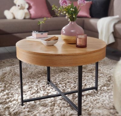 Table basse coffre ronde, décor chêne et pieds noir , dimens…