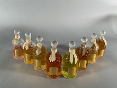 six bottles of honey syrup lined up in a row on a white surface