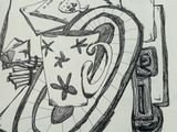 sketch of a drawing of a clock with a face on it