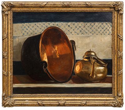 an oil painting of a copper pot and a gold purse
