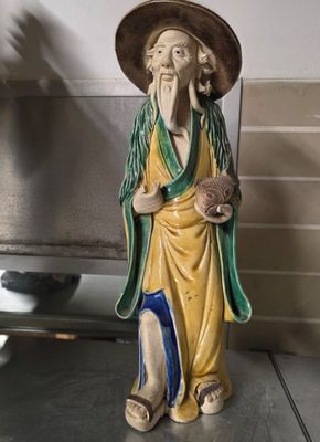 Japon Le Pécheur Terre cuite vernissé polychrome