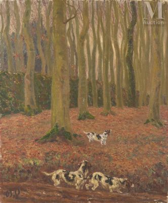 an image of a painting of a group of dogs in a wooded area