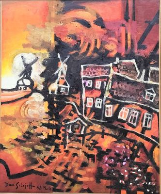 painting of a painting of a man walking down a street next to a building