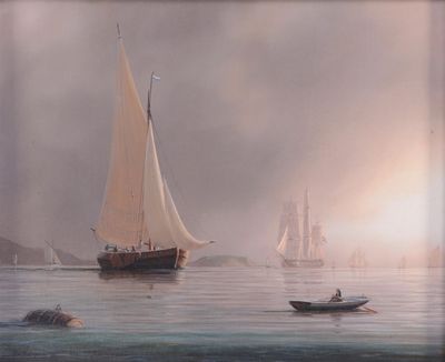 a painting of a sailboat in the water with other boats in the water