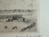 drawing of a view of a farm with a house and a horse in the foreground