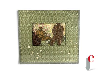 a picture of a picture of a man and a bear in the woods