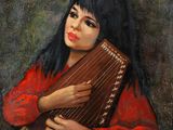an oil painting of a woman holding a musical instrument