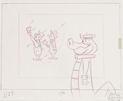 dessin représentant un homme en haut-de-forme et en manteau, debout devant un dessin représentant un homme en haut-de-forme et en manteau