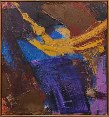 an abstract painting of a blue and yellow boat on a purple background
