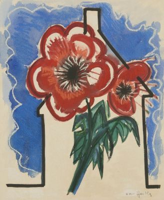 une image d'une peinture de fleurs dans un vase sur une table