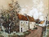 tableau représentant une route de campagne avec des maisons et des arbres en arrière-plan