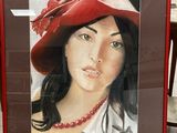 tableau représentant une femme portant un chapeau rouge et un collier rouge
