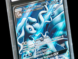 a close up of a pokemon card in a plastic case