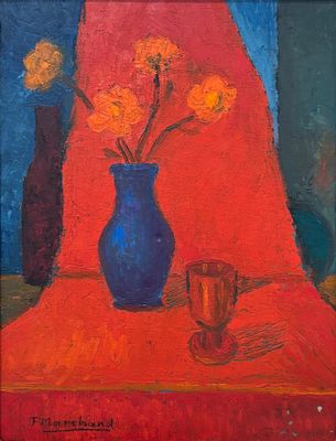 un tableau représentant un vase bleu avec des fleurs jaunes posé sur une table rouge