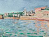 an image of a painting of a city by a body of water