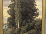 an oil painting of a river scene with trees in the foreground