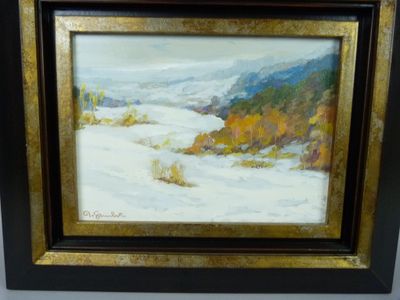 an oil painting of a snowy landscape with mountains in the background