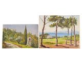 deux tableaux représentant des arbres et une vue sur l'océan