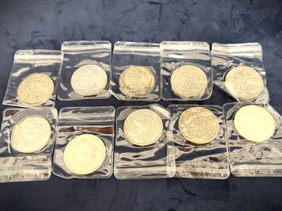 six different types of gold coins in plastic bags on a table