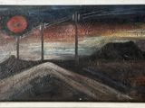 painting of a painting of a road with a stop sign in the distance