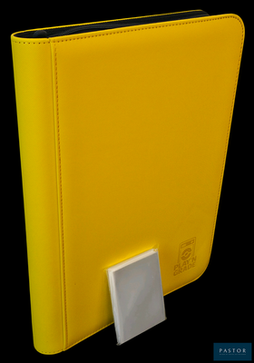 a yellow binder with a white button on it