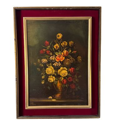 painting of a vase of flowers on a table in a red frame