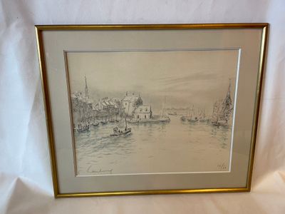 dessin représentant une scène de port avec des bateaux dans l'eau