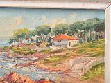 a picture of a painting of a house by the water