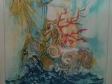 an image of a painting of a woman riding a horse in the ocean