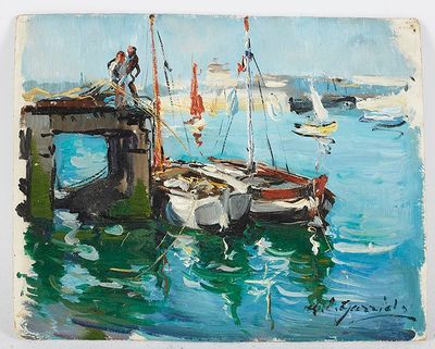 un tableau représentant un homme debout sur un bateau au milieu de l'eau