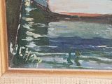 a painting of a boat on the water in the water