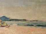 tableau représentant une scène de plage avec un bateau sur le sable et des montagnes en arrière-plan