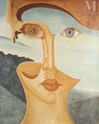 an image of a painting of a woman ' s face with a mountain in the background