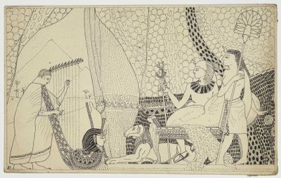 une image représentant le dessin d'une femme assise sur une chaise à côté d'un homme jouant d'un instrument de musique